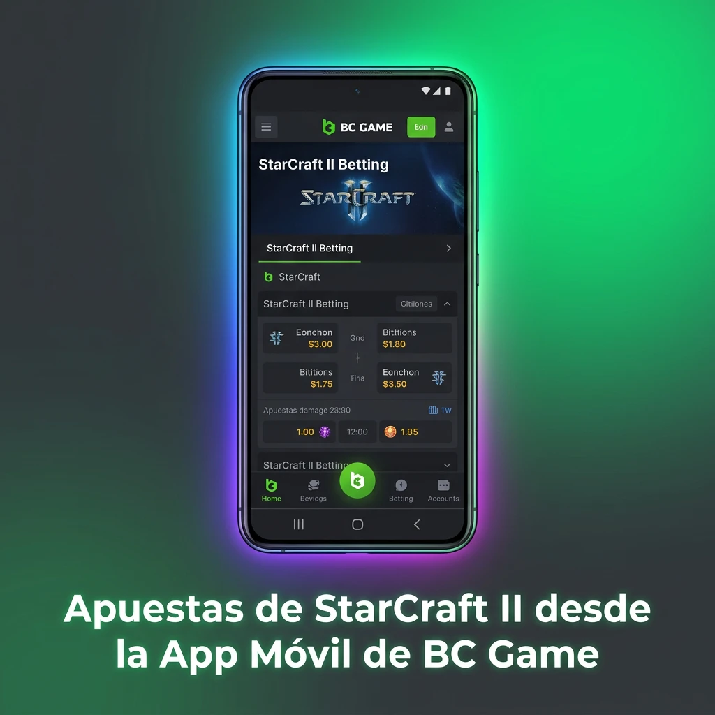 Hands holding a smartphone with BC Game app open showing StarCraft II esports betting markets and live events.