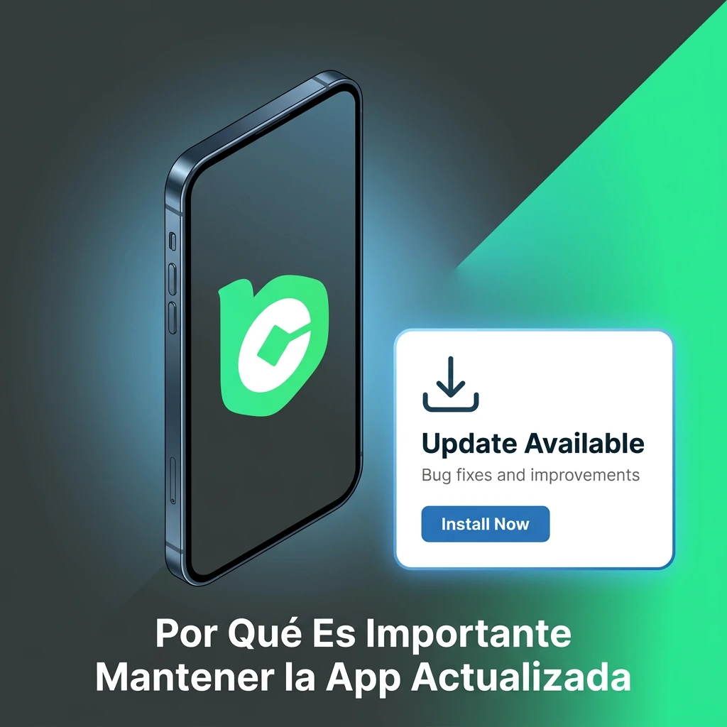 Smartphone showing app update notification with performance, security, and new features highlighted