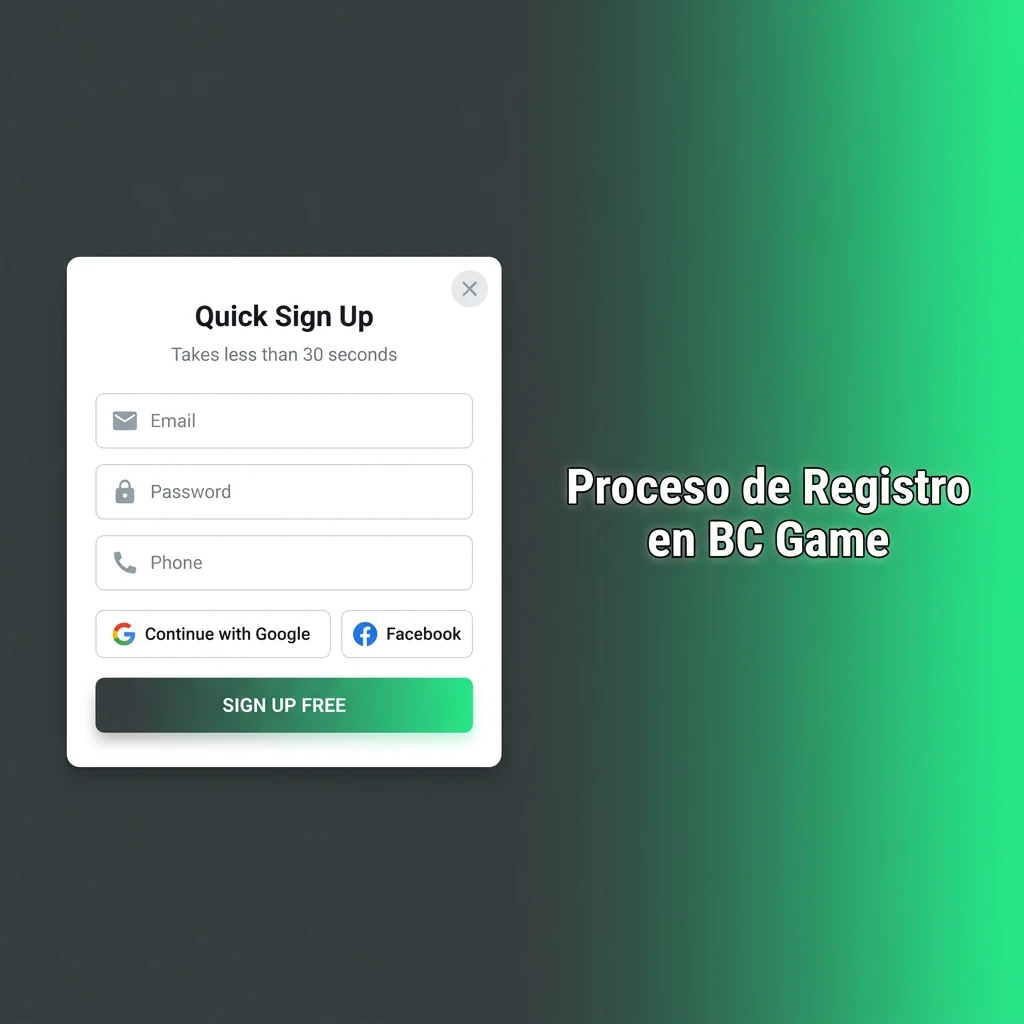 BC Game registration process steps showing account creation form with email, phone, or social media options